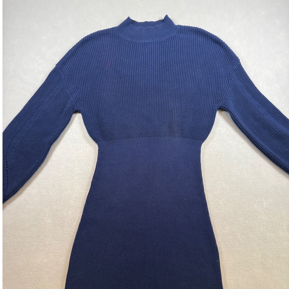 LILLUSORY Navy Blue Ribbed Mock Neck Lantern Sleeve Mini Sweater Dress S
